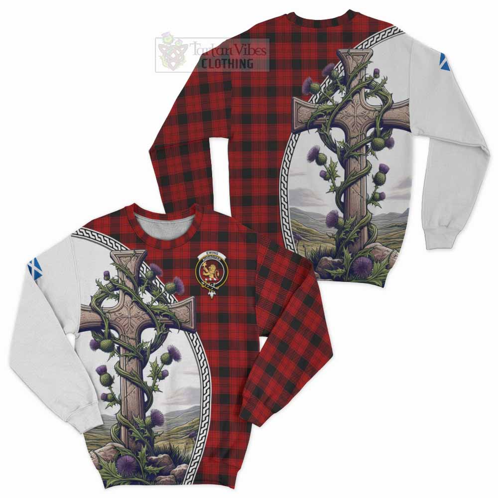 Tartan Vibes Clothing Ewing Tartan Sweatshirt with Family Crest and St. Andrew's Cross Accented by Thistle Vines