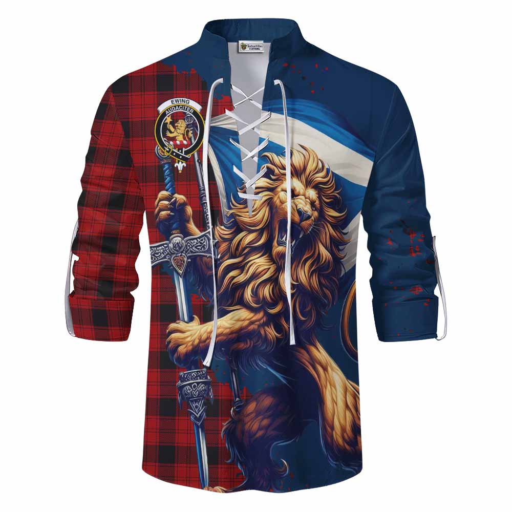 Tartan Vibes Clothing Ewing Tartan Family Crest Ghillie Kilt Shirt with Scottish Majestic Lion