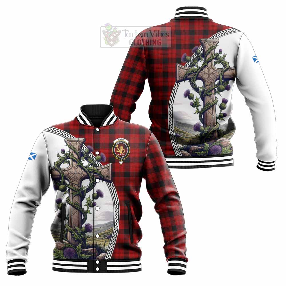 Tartan Vibes Clothing Ewing Tartan Baseball Jacket with Family Crest and St. Andrew's Cross Accented by Thistle Vines