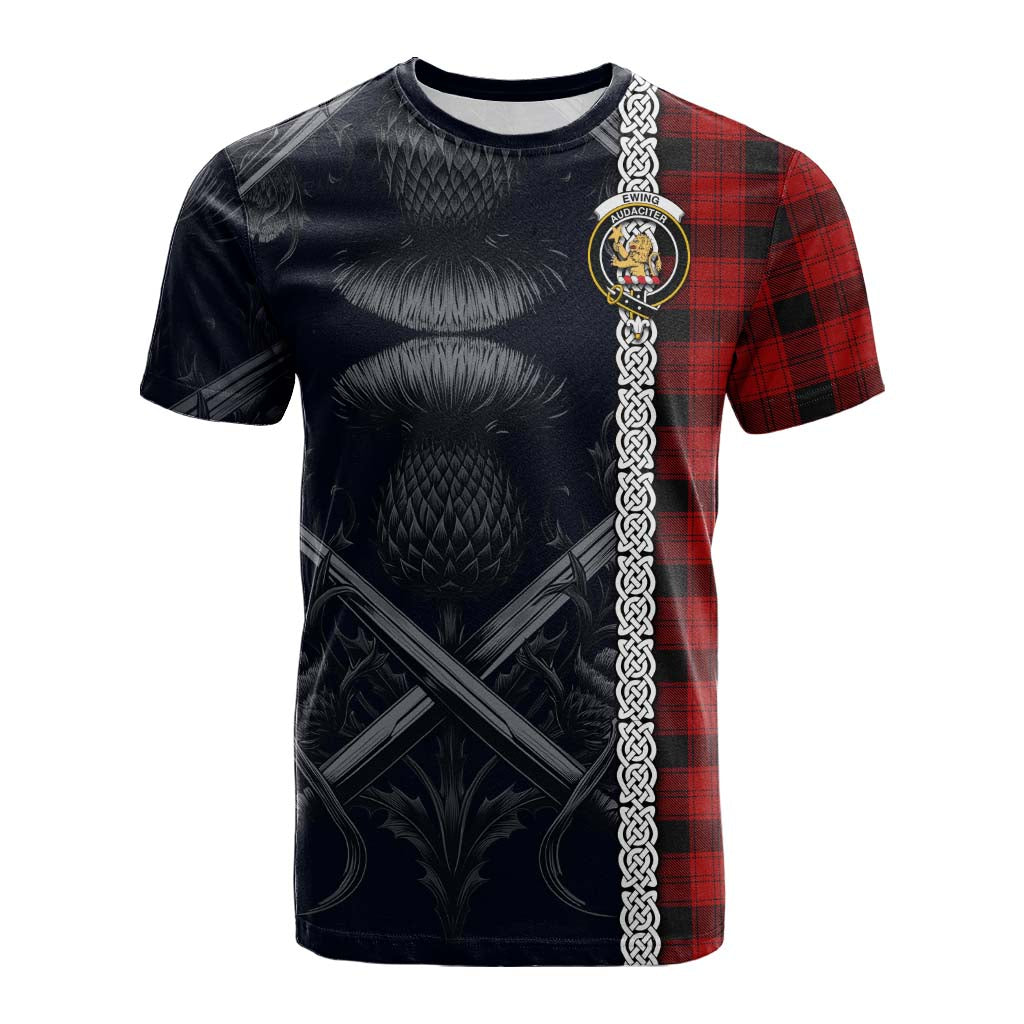 Tartan Vibes Clothing Ewing Tartan Cotton T-shirt with Family Crest Cross Sword Thistle Celtic Vibes