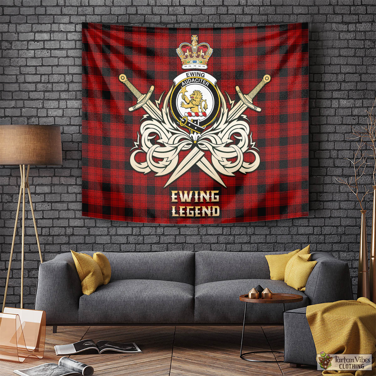 Tartan Vibes Clothing Ewing Tartan Tapestry with Clan Crest and the Golden Sword of Courageous Legacy