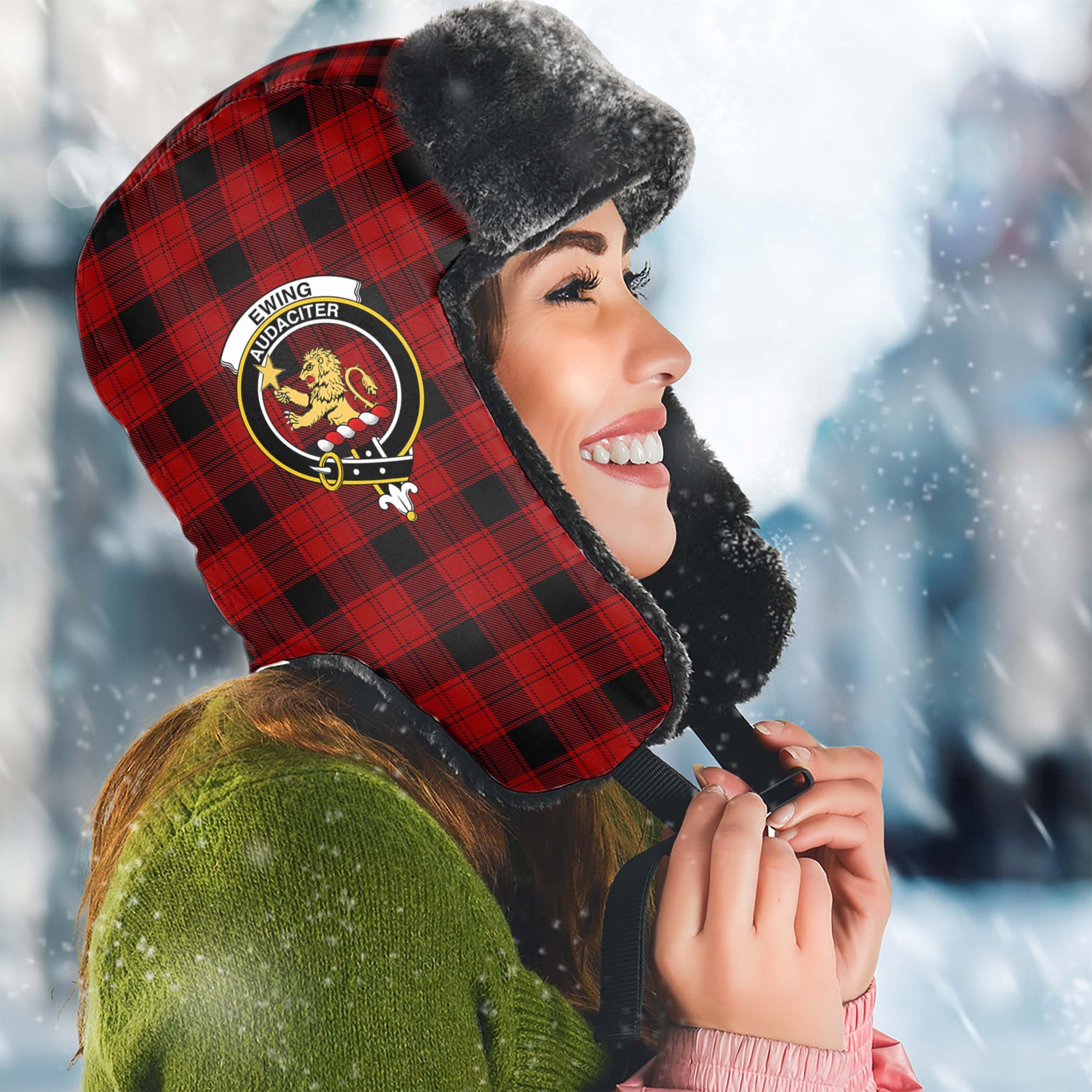 Ewing Tartan Winter Trapper Hat with Family Crest Winter Trapper Hat Universal Fit Circumference 22.8in (58cm) - Tartanvibesclothing