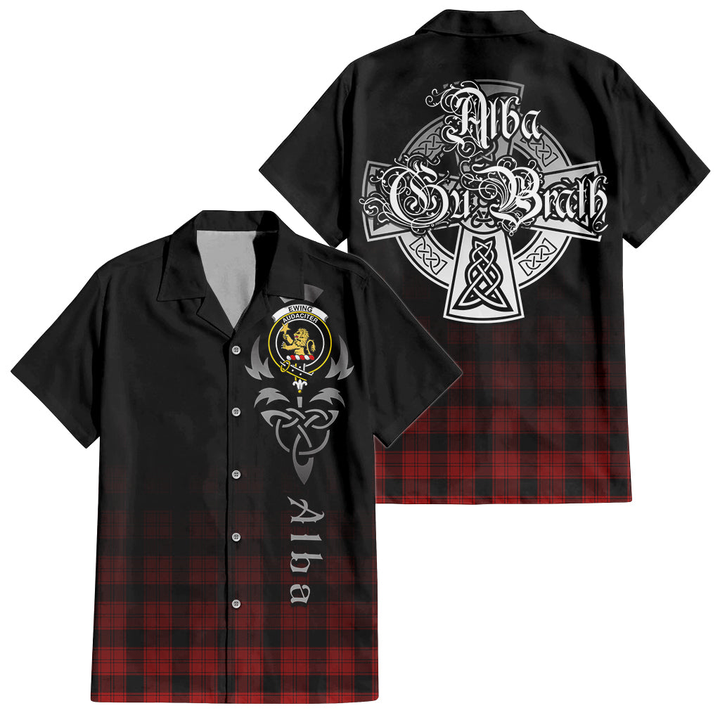 Tartan Vibes Clothing Ewing Tartan Short Sleeve Button Up Featuring Alba Gu Brath Family Crest Celtic Inspired