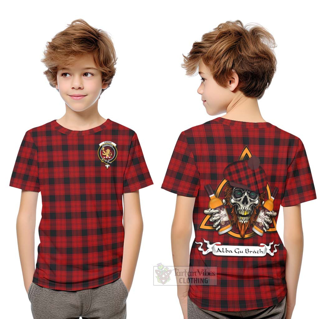 Tartan Vibes Clothing Ewing Tartan Kid T-Shirt with Family Crest and Bearded Skull Holding Bottles of Whiskey