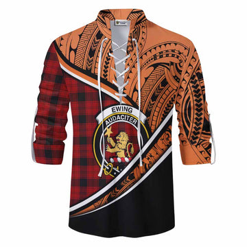 Ewing Crest Tartan Ghillie Kilt Shirt with Polynesian Vibes Style - Orange Version