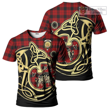 Ewing Tartan T-Shirt with Family Crest Celtic Wolf Style