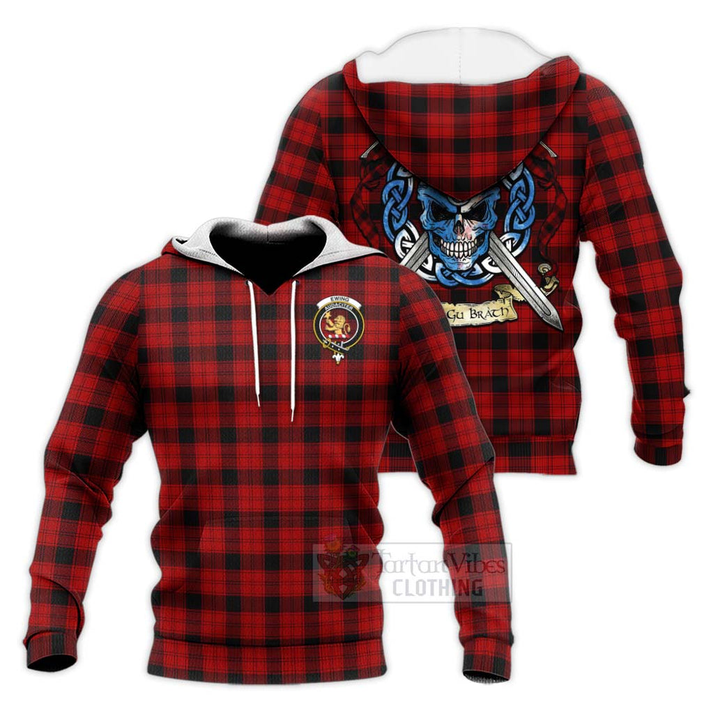 Tartan Vibes Clothing Ewing Tartan Knitted Hoodie with Family Crest Celtic Skull Style