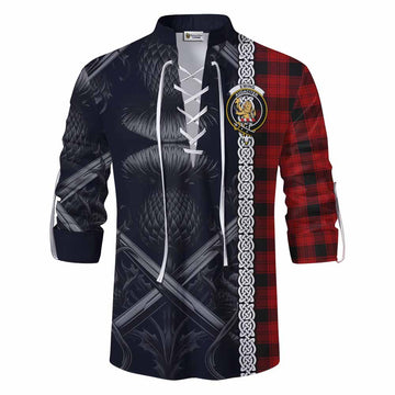 Ewing Tartan Ghillie Kilt Shirt with Family Crest Cross Sword Thistle Celtic Vibes