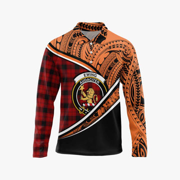 Ewing Crest Tartan Long Sleeve Polo Shirt with Polynesian Vibes Style - Orange Version