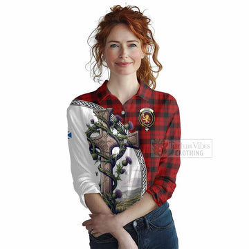 Ewing Tartan Women's Casual Shirt with Family Crest and St. Andrew's Cross Accented by Thistle Vines