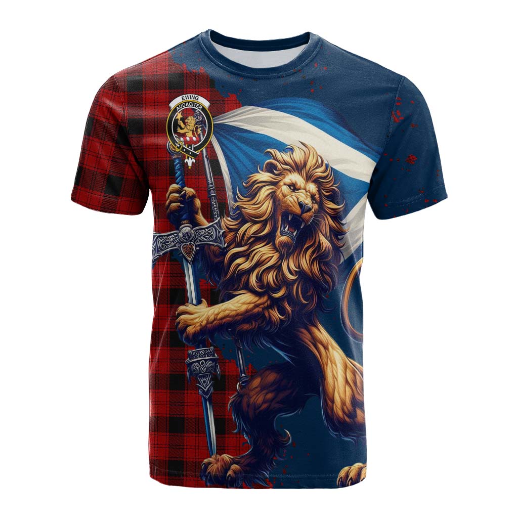 Tartan Vibes Clothing Ewing Tartan Family Crest Cotton T-shirt with Scottish Majestic Lion