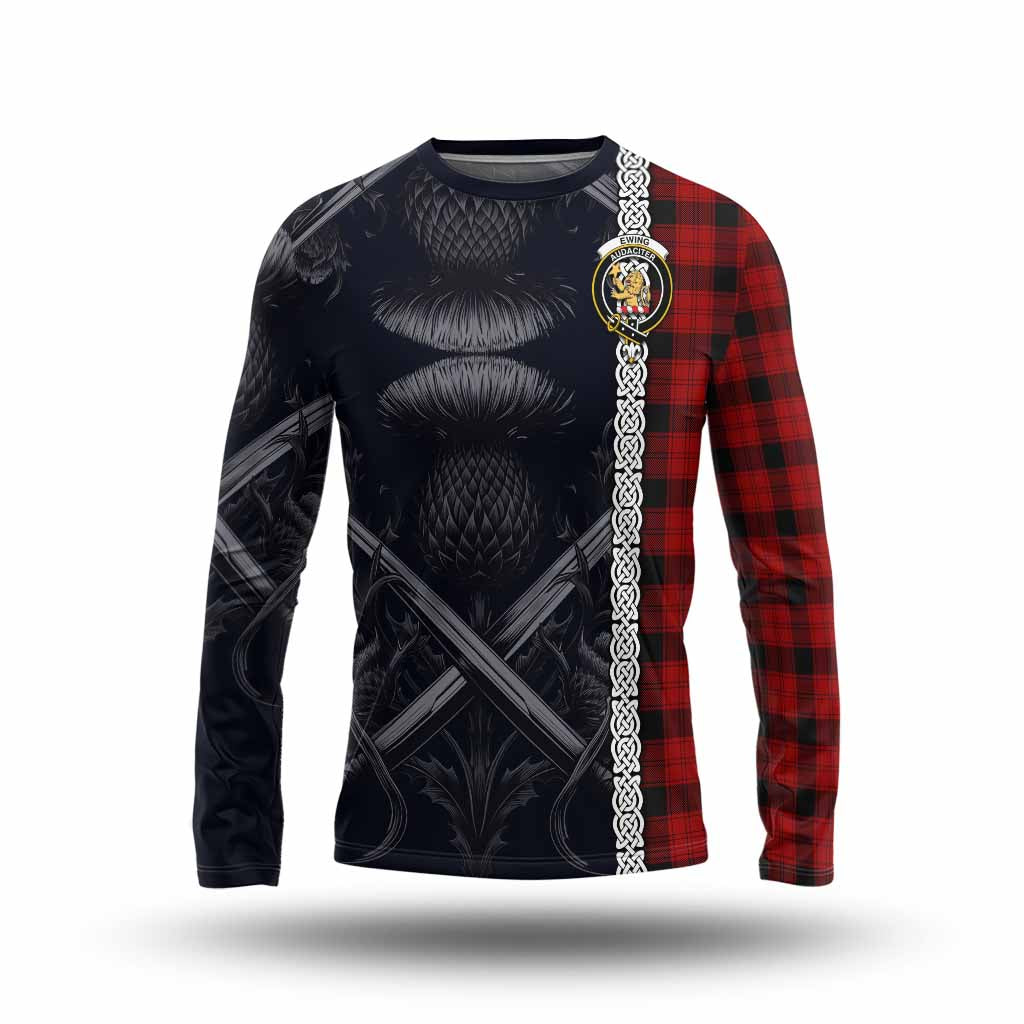 Tartan Vibes Clothing Ewing Tartan Long Sleeve T-Shirt with Family Crest Cross Sword Thistle Celtic Vibes