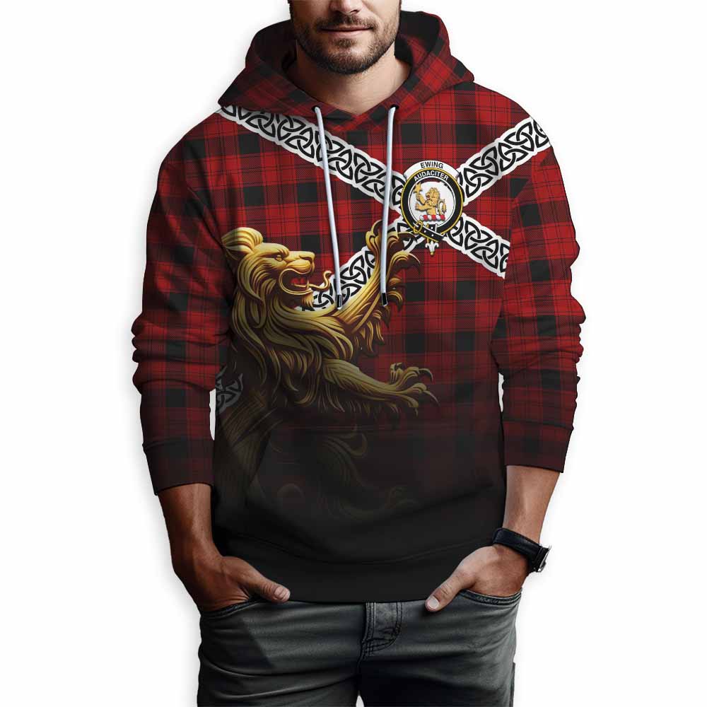 Ewing Crest Tartan Hoodie with Golden Lion Emblem Celtic Style Pullover Hoodie - Tartan Vibes Clothing