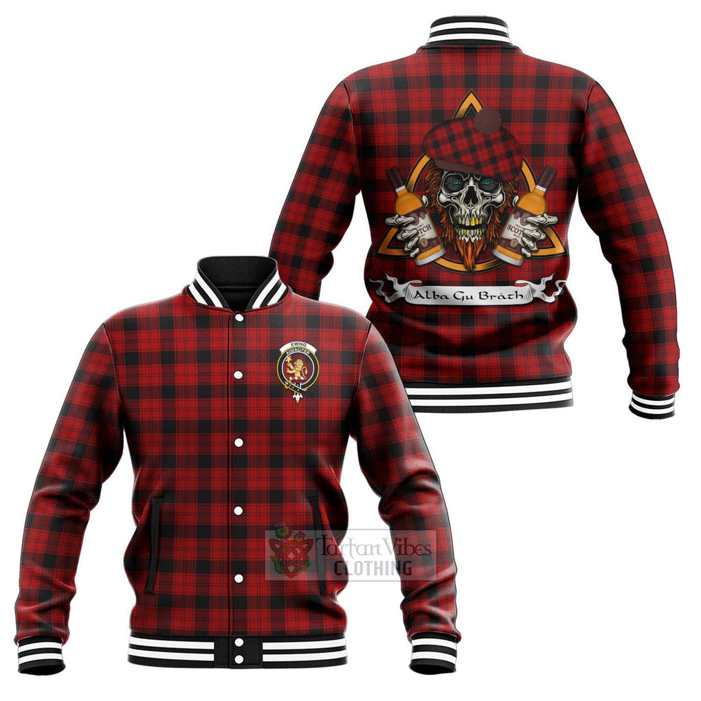 Tartan Vibes Clothing Ewing Tartan Baseball Jacket with Family Crest and Bearded Skull Holding Bottles of Whiskey