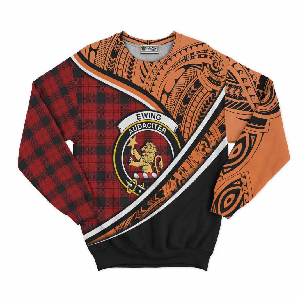 Tartan Vibes Clothing Ewing Crest Tartan Sweatshirt with Maori Tattoo Style - Orange Version