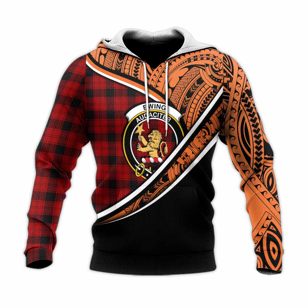 Tartan Vibes Clothing Ewing Crest Tartan Knitted Hoodie with Maori Tattoo Style - Orange Version