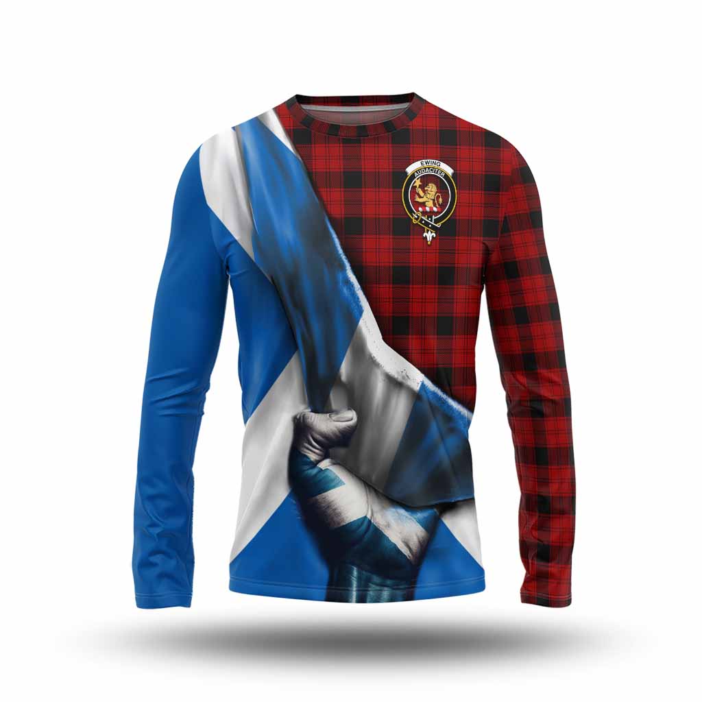 Tartan Vibes Clothing Ewing Tartan Long Sleeve T-Shirt with Family Crest Scotland Patriotic Style