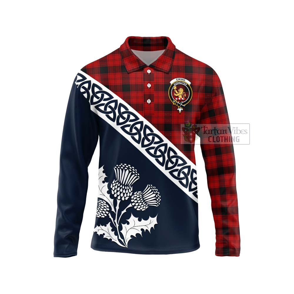 Tartan Vibes Clothing Ewing Tartan Long Sleeve Polo Shirt Featuring Thistle and Scotland Map