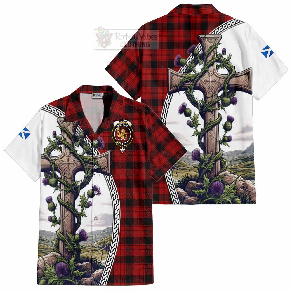 Tartan Vibes Clothing Ewing Tartan Short Sleeve Button Shirt with Family Crest and St. Andrew's Cross Accented by Thistle Vines