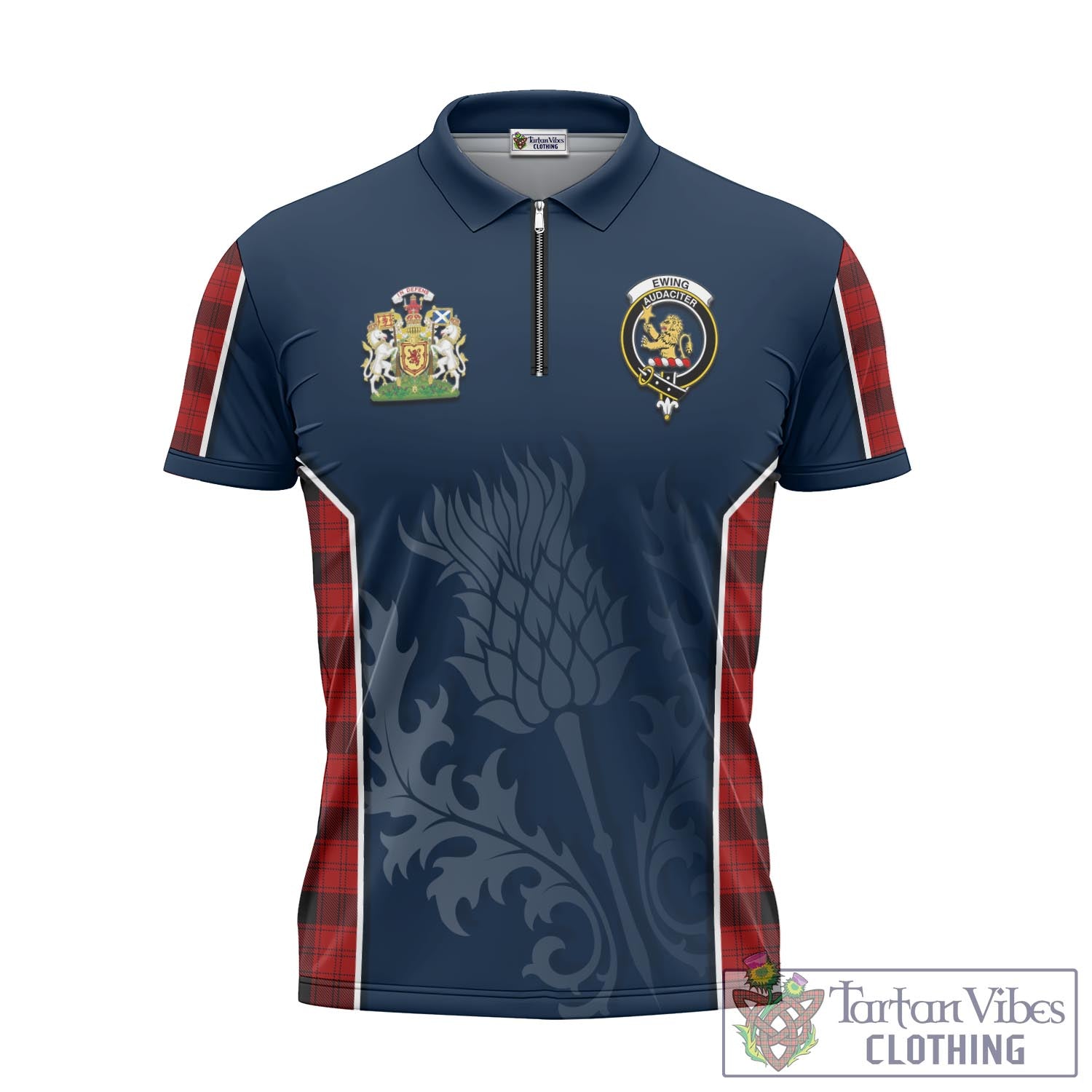 Tartan Vibes Clothing Ewing Tartan Zipper Polo Shirt with Family Crest and Scottish Thistle Vibes Sport Style