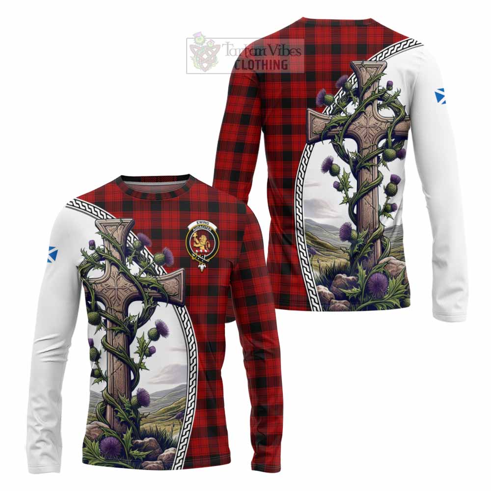 Tartan Vibes Clothing Ewing Tartan Long Sleeve T-Shirt with Family Crest and St. Andrew's Cross Accented by Thistle Vines