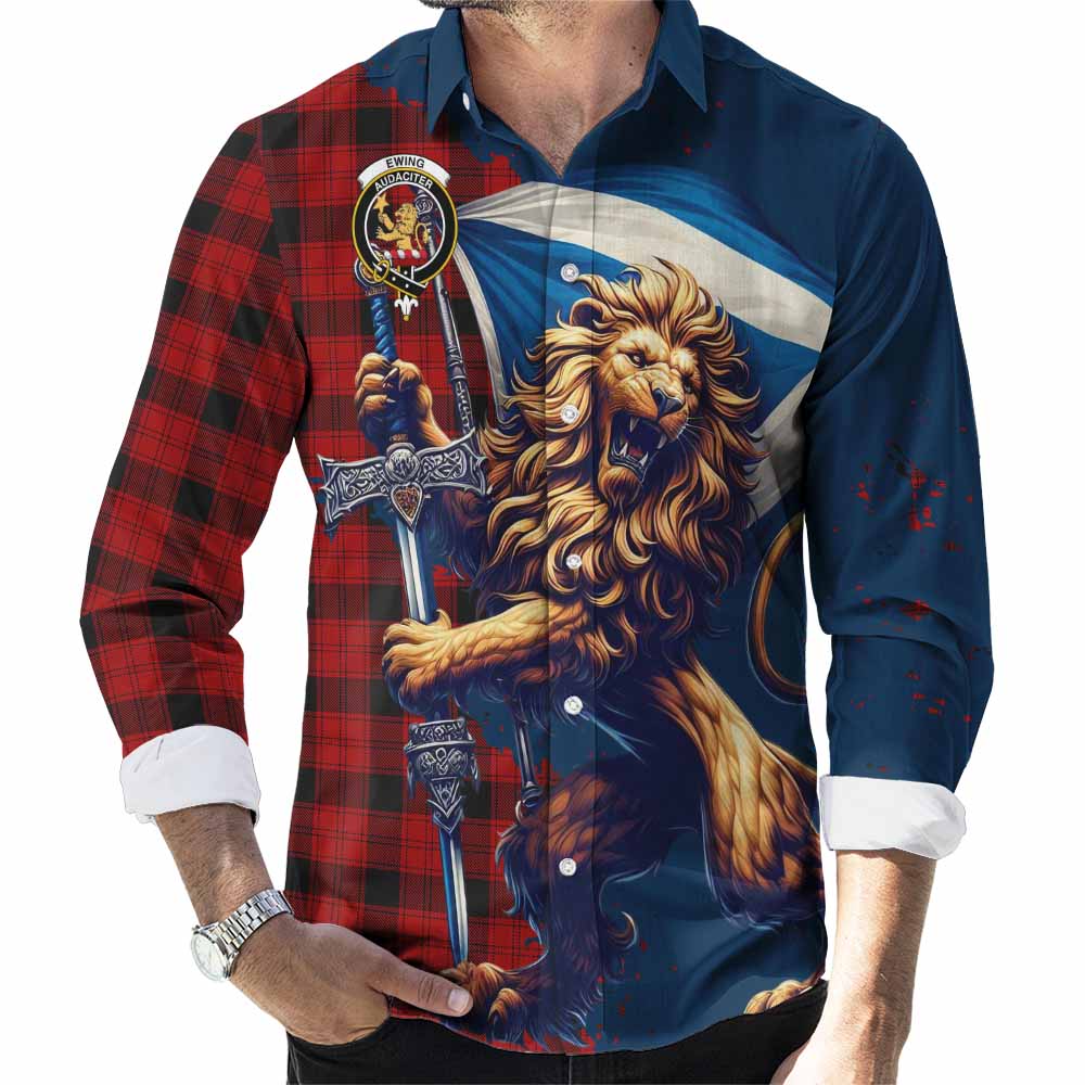 Tartan Vibes Clothing Ewing Tartan Family Crest Long Sleeve Button Shirt with Scottish Majestic Lion