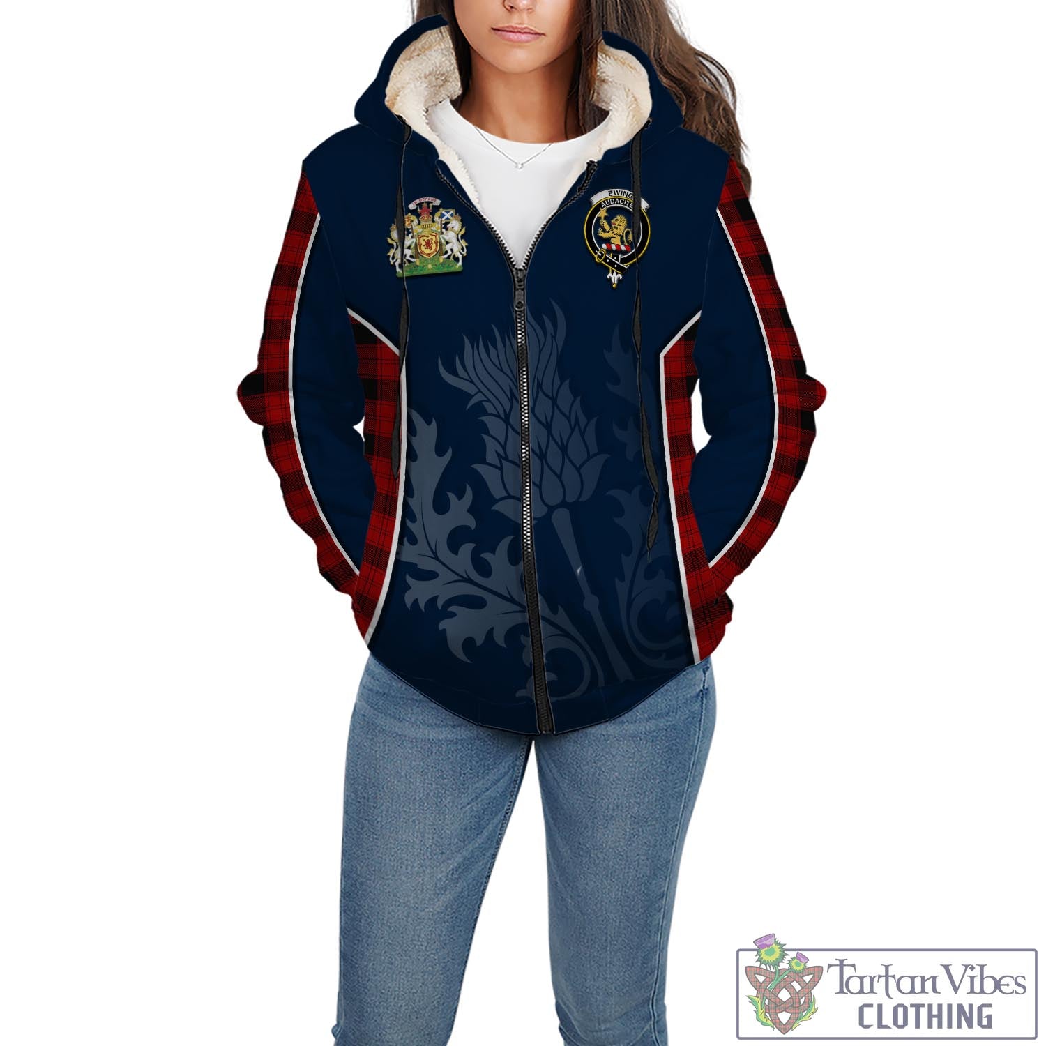 Tartan Vibes Clothing Ewing Tartan Sherpa Hoodie with Family Crest and Scottish Thistle Vibes Sport Style