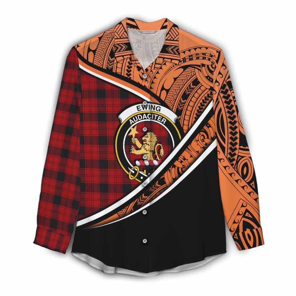 Tartan Vibes Clothing Ewing Crest Tartan Women's Casual Shirt with Maori Tattoo Style - Orange Version