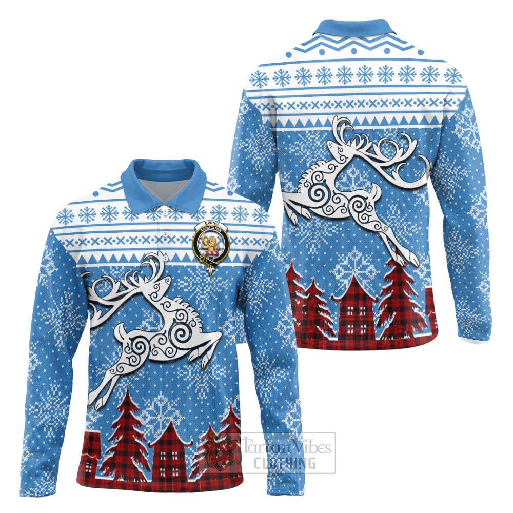 Tartan Vibes Clothing Ewing Clan Christmas Long Sleeve Polo Shirt Celtic Reindeer Style