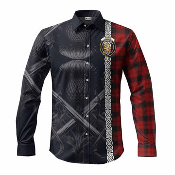 Ewing Tartan Long Sleeve Button Shirt with Family Crest Cross Sword Thistle Celtic Vibes