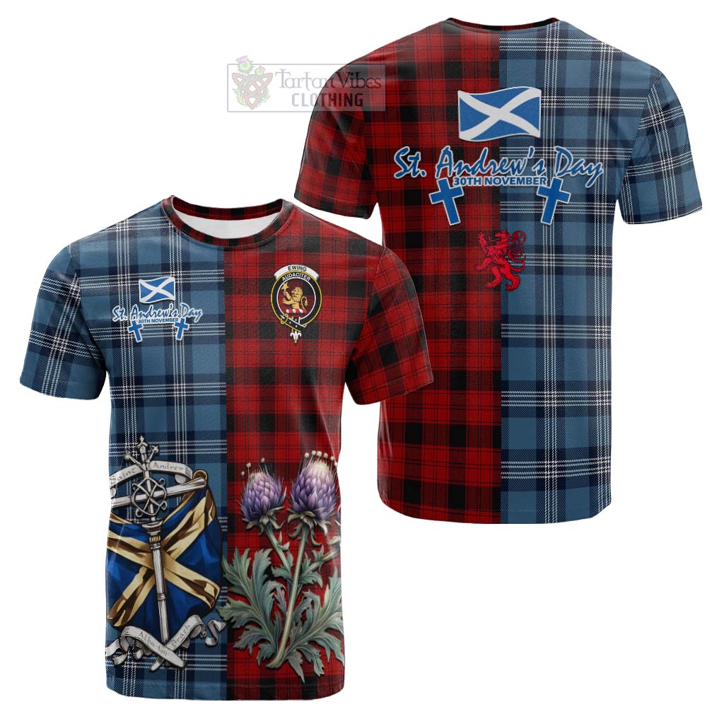 Tartan Vibes Clothing Ewing Tartan Cotton T-shirt Happy St. Andrew's Day Half Tartan Style