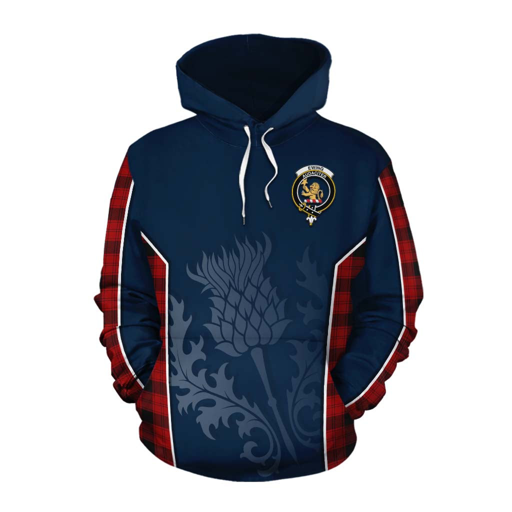 Tartan Vibes Clothing Ewing Tartan Cotton Hoodie with Family Crest and Scottish Thistle Vibes Sport Style