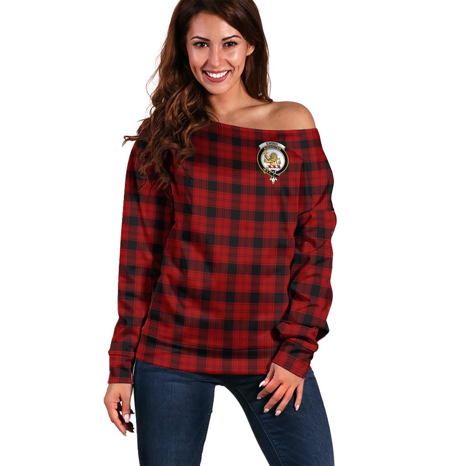 Ewing Tartan Off Shoulder Women Sweater with Family Crest Women - Tartanvibesclothing