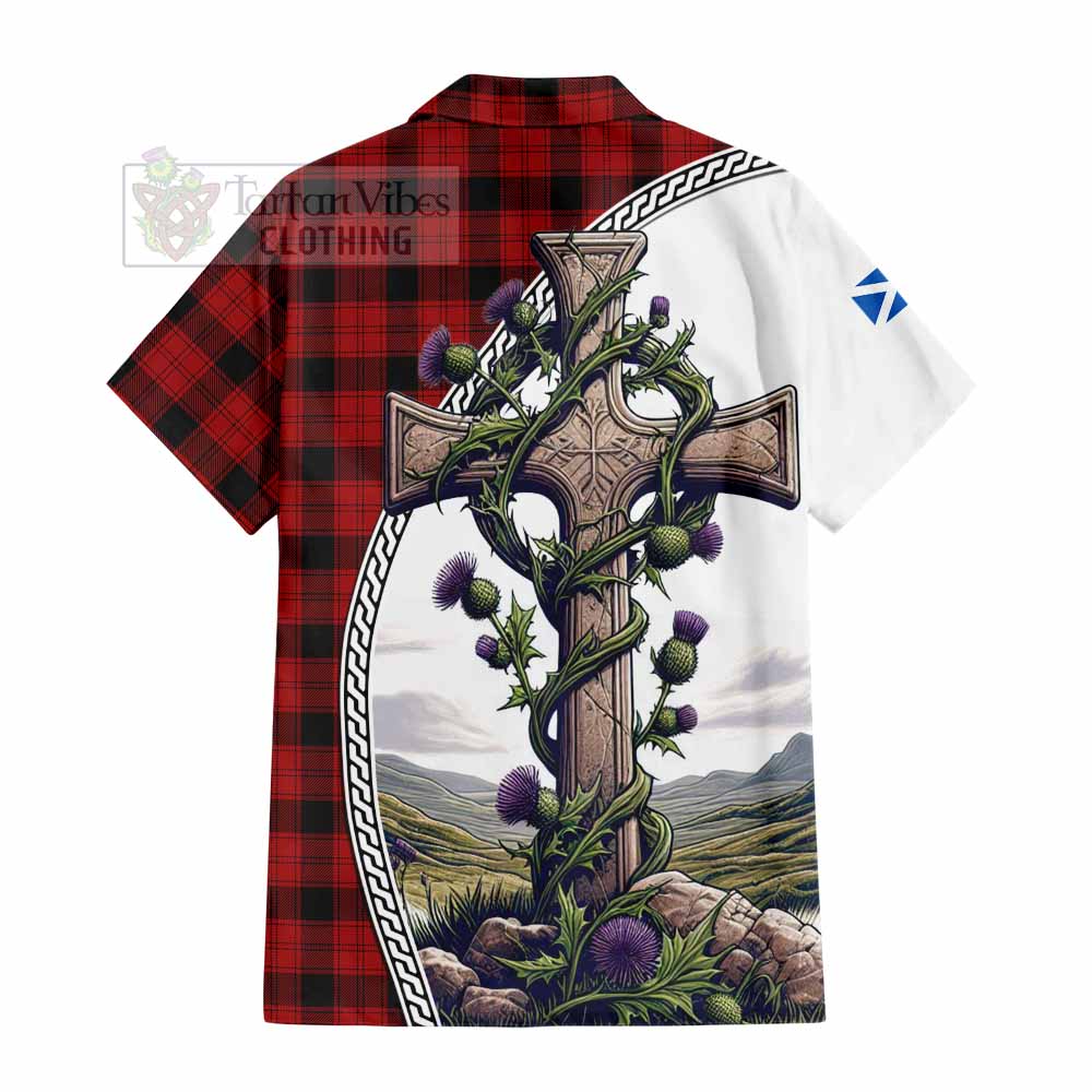 Tartan Vibes Clothing Ewing Tartan Short Sleeve Button Shirt with Family Crest and St. Andrew's Cross Accented by Thistle Vines