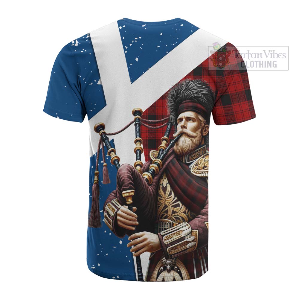 Tartan Vibes Clothing Ewing Tartan Cotton T-shirt with Family Crest Scottish Bagpiper Vibes