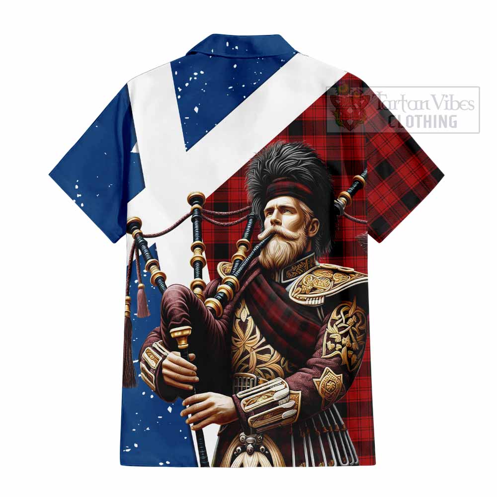 Tartan Vibes Clothing Ewing Tartan Short Sleeve Button Shirt with Family Crest Scottish Bagpiper Vibes