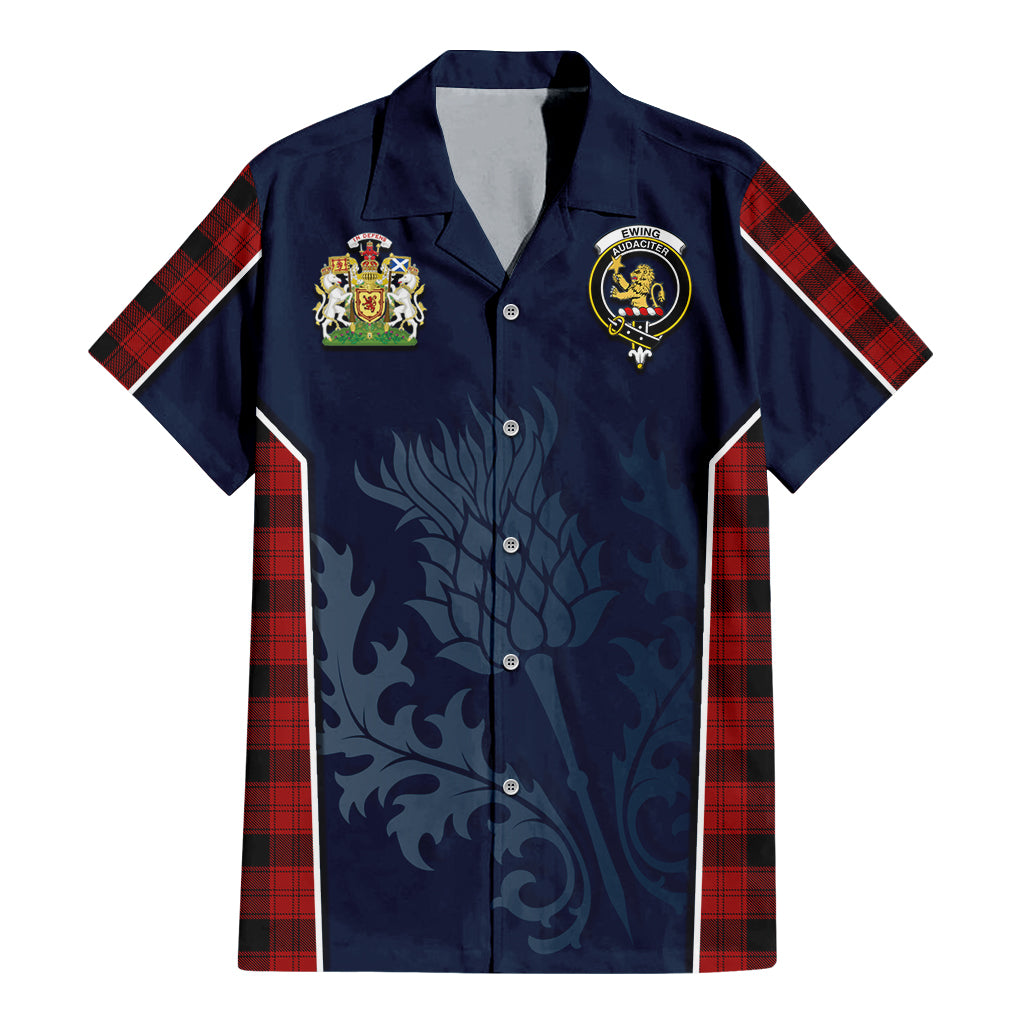 Tartan Vibes Clothing Ewing Tartan Short Sleeve Button Up Shirt with Family Crest and Scottish Thistle Vibes Sport Style