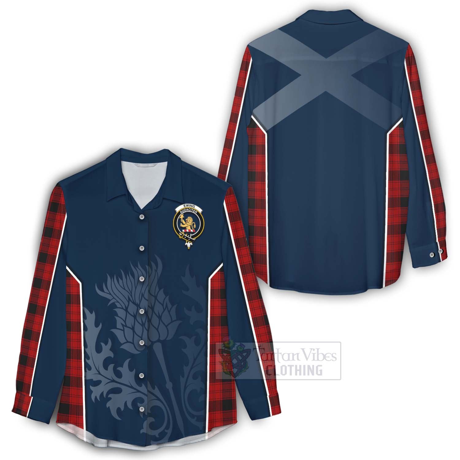 Tartan Vibes Clothing Ewing Tartan Women's Casual Shirt with Family Crest and Scottish Thistle Vibes Sport Style