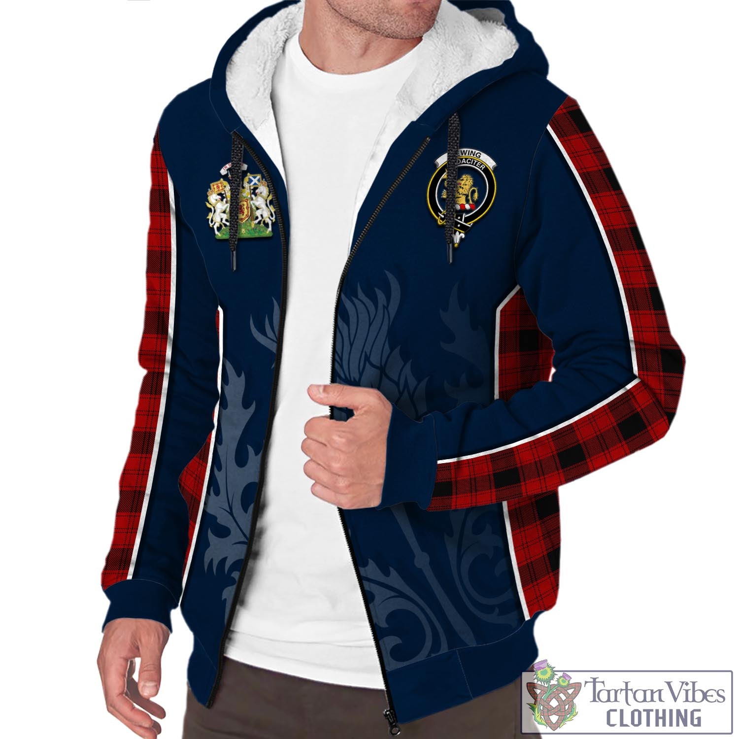 Tartan Vibes Clothing Ewing Tartan Sherpa Hoodie with Family Crest and Scottish Thistle Vibes Sport Style