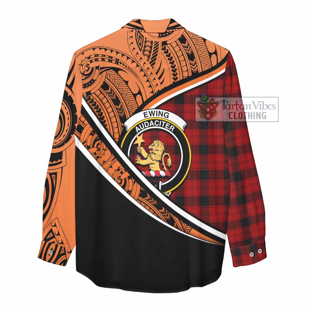 Tartan Vibes Clothing Ewing Crest Tartan Women's Casual Shirt with Maori Tattoo Style - Orange Version