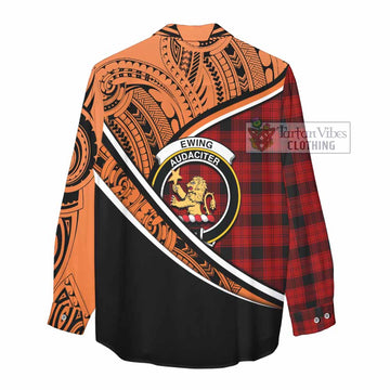 Ewing Crest Tartan Women's Casual Shirt with Polynesian Vibes Style - Orange Version