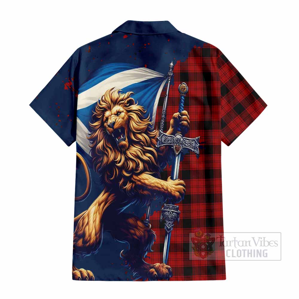 Tartan Vibes Clothing Ewing Tartan Family Crest Short Sleeve Button Shirt with Scottish Majestic Lion