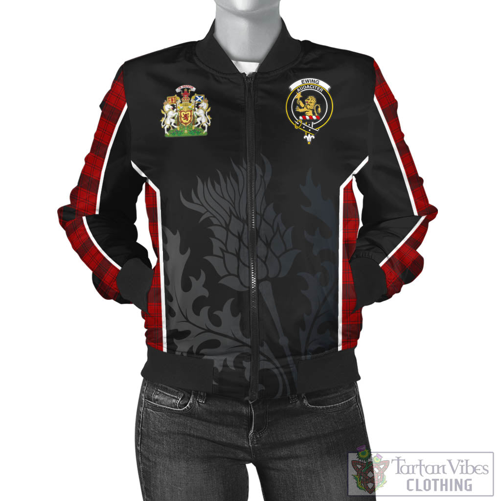 Tartan Vibes Clothing Ewing Tartan Bomber Jacket with Family Crest and Scottish Thistle Vibes Sport Style