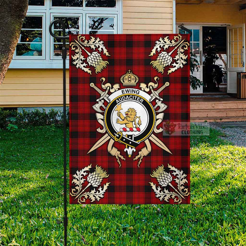 Tartan Vibes Clothing Ewing Tartan Flag with Family Crest and Golden Thistle Crossed Sword Design