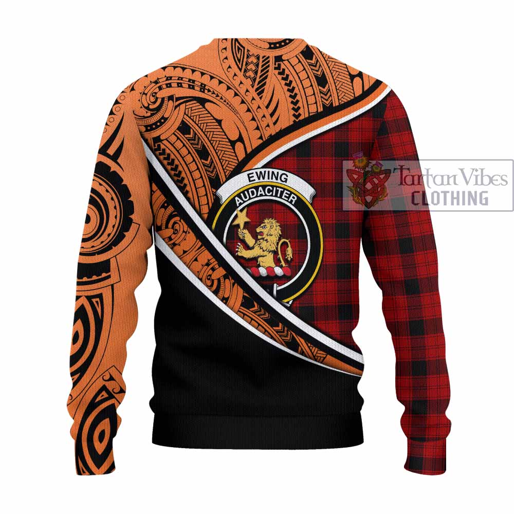 Tartan Vibes Clothing Ewing Crest Tartan Knitted Sweater with Maori Tattoo Style - Orange Version