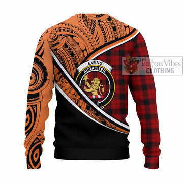 Ewing Crest Tartan Knitted Sweater with Polynesian Vibes Style - Orange Version