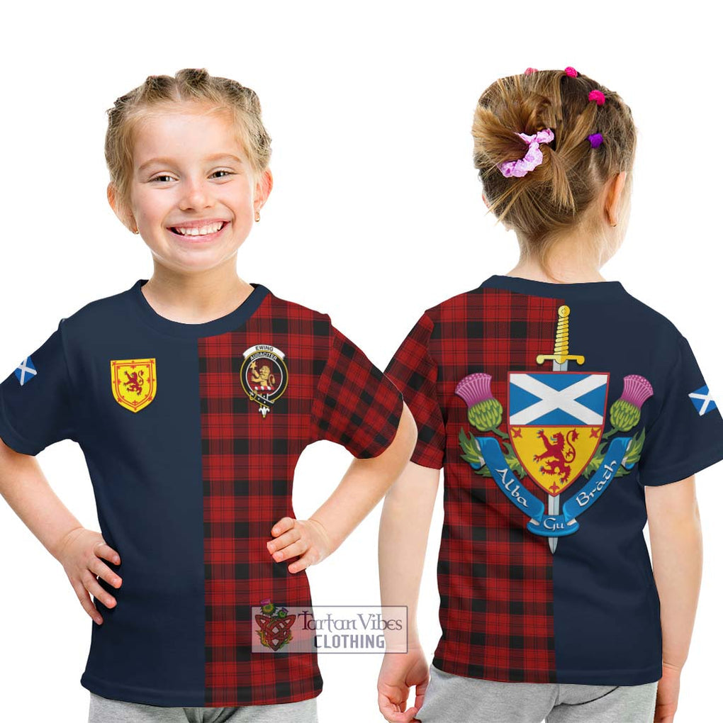 Tartan Vibes Clothing Ewing Tartan Kid T-Shirt with Scottish Lion Royal Arm Half Style