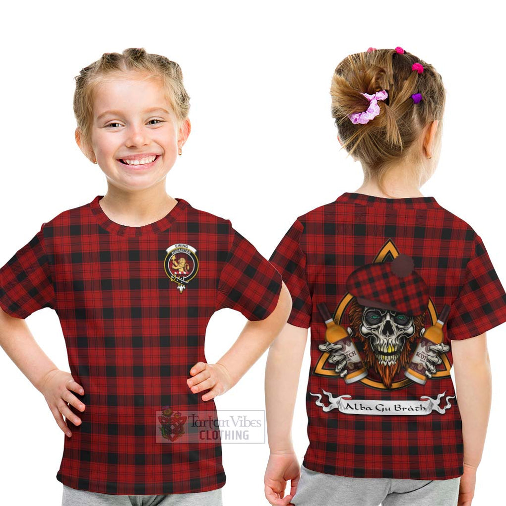 Tartan Vibes Clothing Ewing Tartan Kid T-Shirt with Family Crest and Bearded Skull Holding Bottles of Whiskey