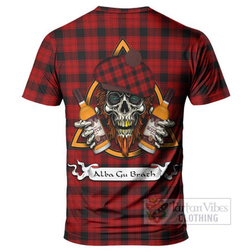 Ewing Tartan T-Shirt with Family Crest and Bearded Skull Holding Bottles of Whiskey