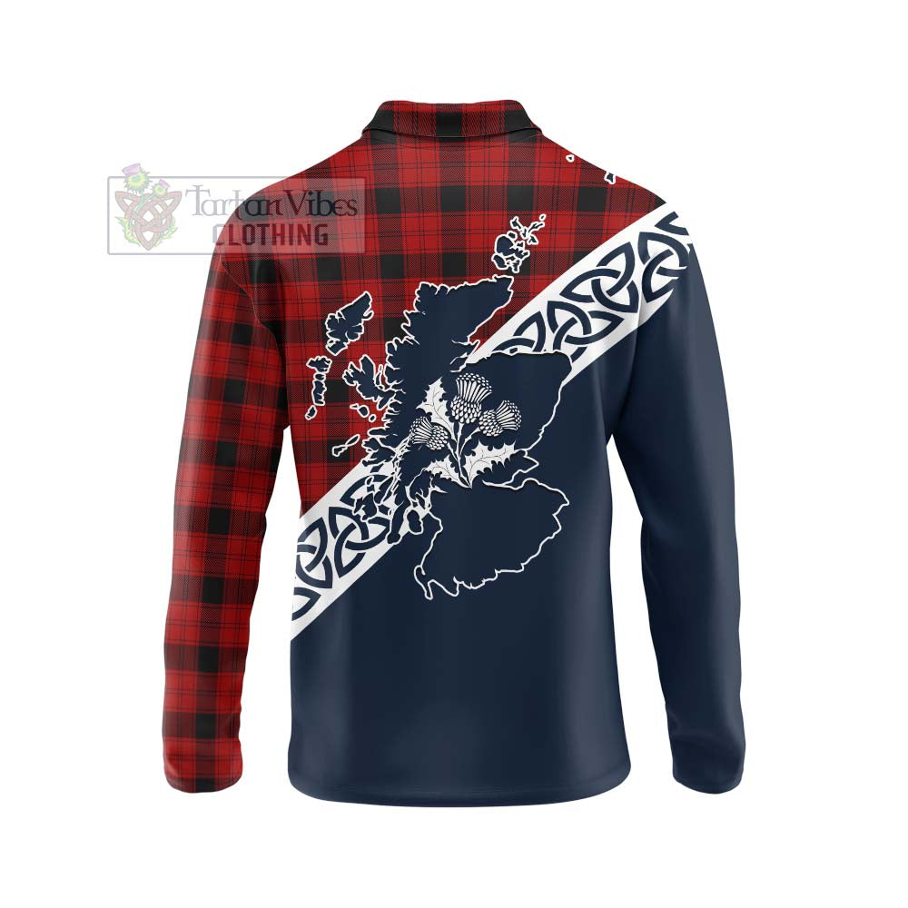 Tartan Vibes Clothing Ewing Tartan Long Sleeve Polo Shirt Featuring Thistle and Scotland Map